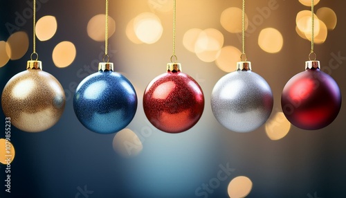 Elegant Christmas Balls in Silver, Blue, Gold, and Red Hanging on Strings with a Cozy Holiday Ambiance
