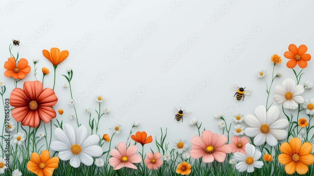 Spring Flowers Bees Floral Background Nature Scene White Orange Cosmos Daisy Meadow Spring Flowers Bees Floral Background Nature Scene White Orange Cosmos Daisy Meadow
