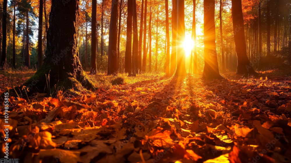An autumn forest bathed in the warm glow of a sunset, with golden light streaming through the trees, casting long shadows and illuminating the vibrant leaves on the forest floor An autumn forest bathed in the warm glow of a sunset, with golden light streaming through the trees, casting long shadows and illuminating the vibrant leaves on the forest floor