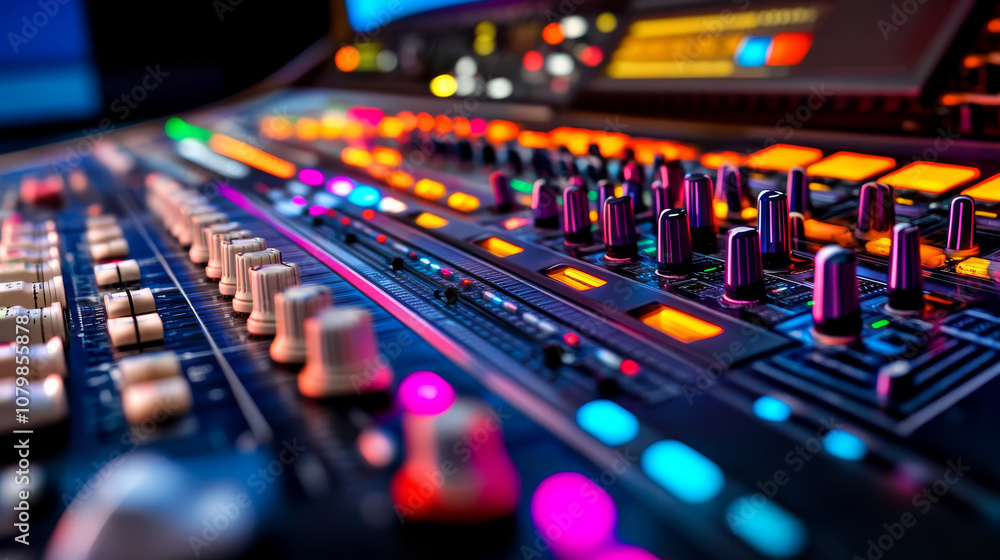 Close-up view of a sound mixer with glowing controls and dials, capturing the vibrant energy of a recording studio Close-up view of a sound mixer with glowing controls and dials, capturing the vibrant energy of a recording studio