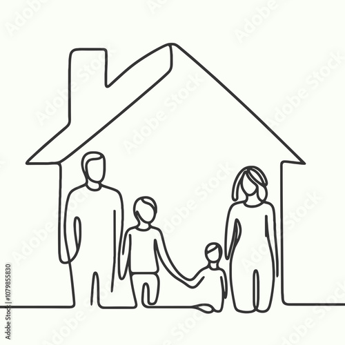 Line art family in front of house, minimalist style, family concept