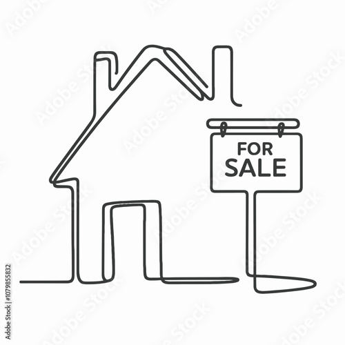 Line art house with for sale sign, minimalist style, black and white, real estate concept