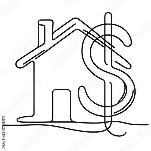 Line art house with dollar sign, minimalist style, black and white, real estate concept