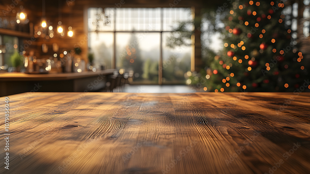 Empty wooden table top with a blurred kitchen interior and a Christmas tree in the background, creating a warm and festive holiday atmosphere.
Empty wooden table top with a blurred kitchen interior and a Christmas tree in the background, creating a warm and festive holiday atmosphere.