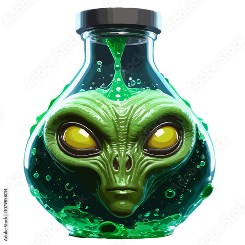 A vibrant green alien head inside a glass container with bubbling liquid, showcasing imaginative design and creativity