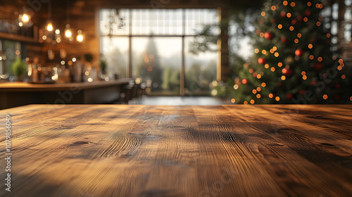 Empty wooden table top with a blurred kitchen interior and a Christmas tree in the background, creating a warm and festive holiday atmosphere. 