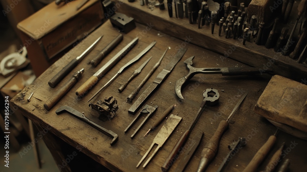 Fototapeta premium An assortment of vintage tools laid out on a wooden workbench, showcasing their craftsmanship and history.
