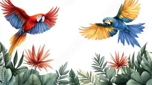 Tropical Birds Watercolor Painting Scarlet Macaw Blue and gold Macaw Exotic Flowers Lush Foliage photo