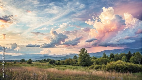 Hand painted watercolor background with sky and clouds shape 