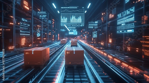 Futuristic automated warehouse with boxes moving on a conveyor belt and digital screens displaying data.