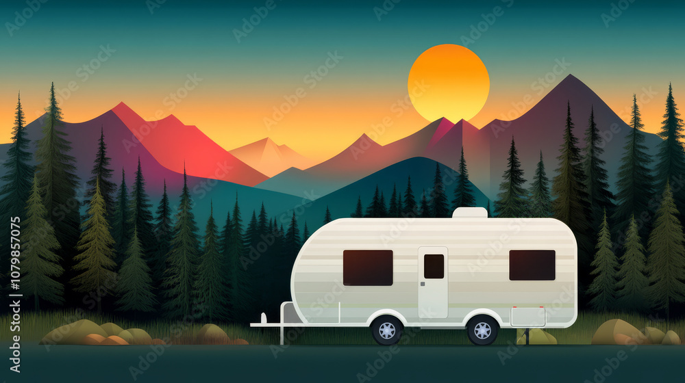 An off-grid camping scene with a travel trailer in an isolated area, with no power lines or other amenities, only the trailer and natural surroundings, An off-grid camping scene with a travel trailer in an isolated area, with no power lines or other amenities, only the trailer and natural surroundings,