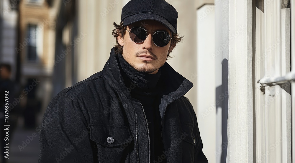 A stylish man in a black cap and sunglasses stands on a city street. A stylish man in a black cap and sunglasses stands on a city street.