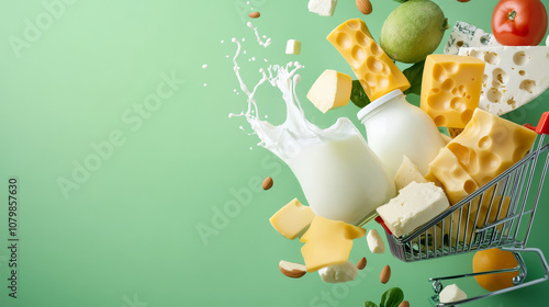 Dairy products like milk and cheese falling into a shopping cart, emphasizing fresh grocery options photo