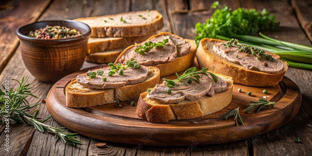 Fototapeta premium A Rustic Wooden Board Laden with Toasted Bread Slices, Each Topped with a Generous Spread of Rich, Savory Pate, Adorned with Fresh Herbs, Spices, and Peppercorns
