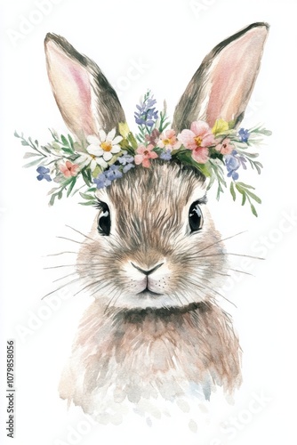 Adorable watercolor portrait of a baby rabbit adorned with a floral crown surrounded by delicate spring colors. Generative AI