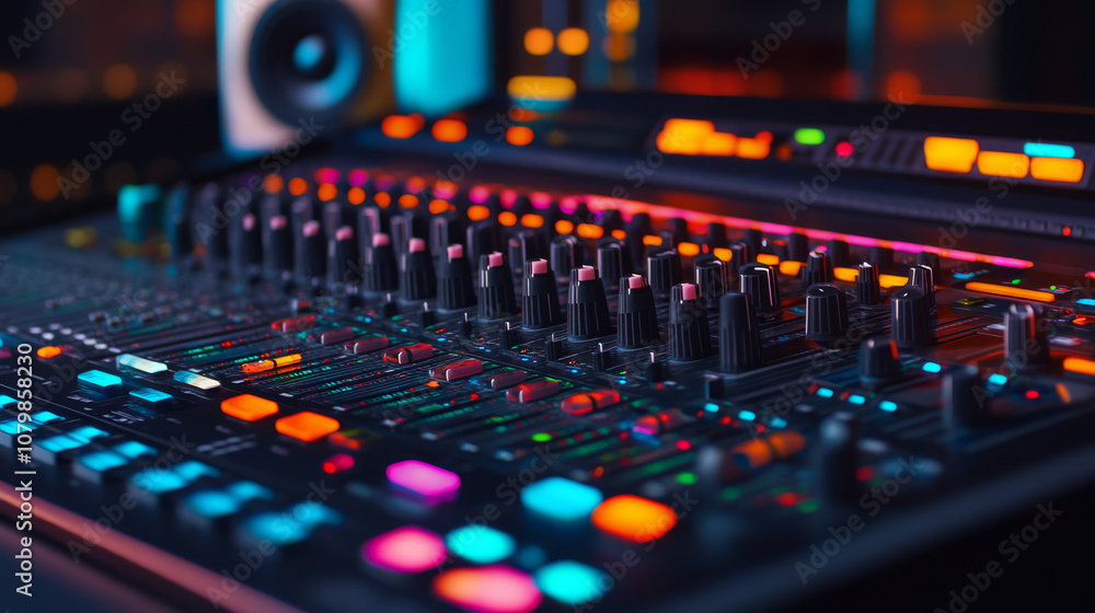 Detailed shot of a professional sound mixer with illuminated buttons and sliders, emphasizing the studio atmosphere Detailed shot of a professional sound mixer with illuminated buttons and sliders, emphasizing the studio atmosphere