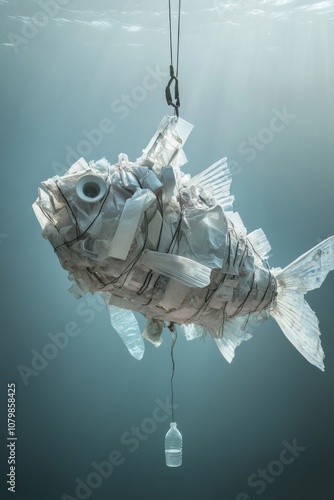 A striking sculpture of a fish made from plastic waste suspended underwater, highlighting environmental issues related to pollution. Generative AI