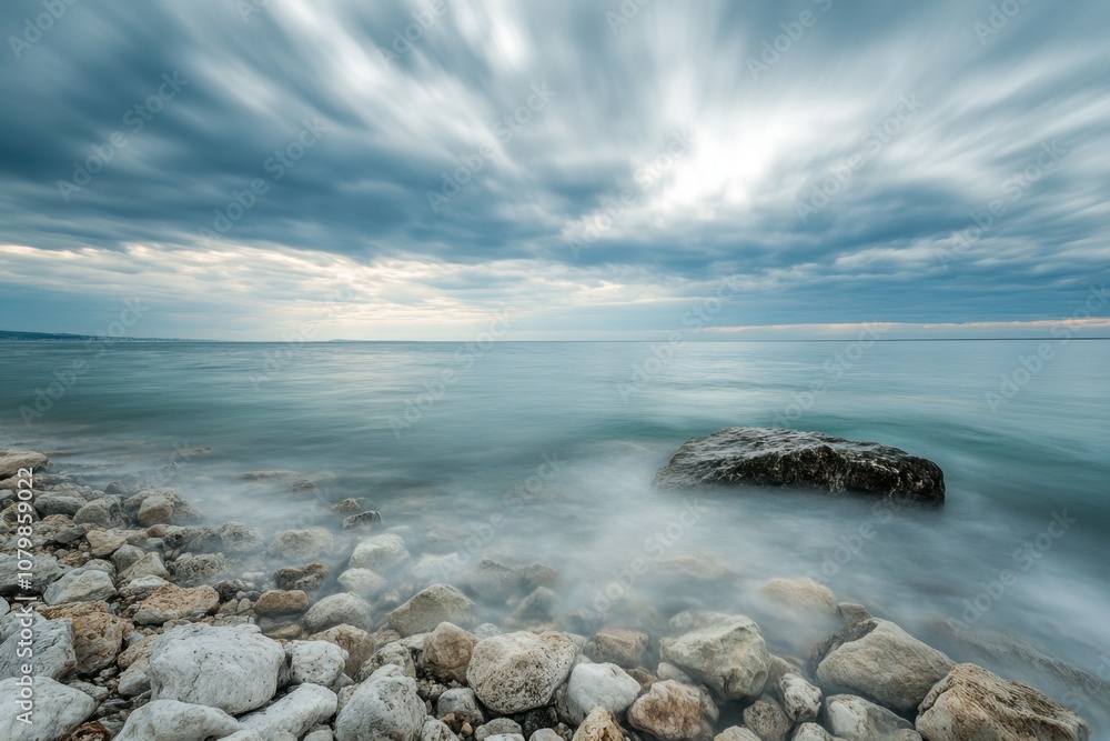 A rocky beach with the ocean meeting the horizon under a dramatic stormy sky. A rocky beach with the ocean meeting the horizon under a dramatic stormy sky.