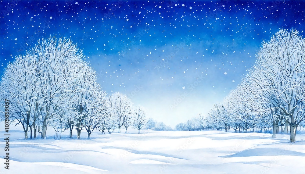 winter space of snow field and frozen trees; watercolor illustration winter space of snow field and frozen trees; watercolor illustration
