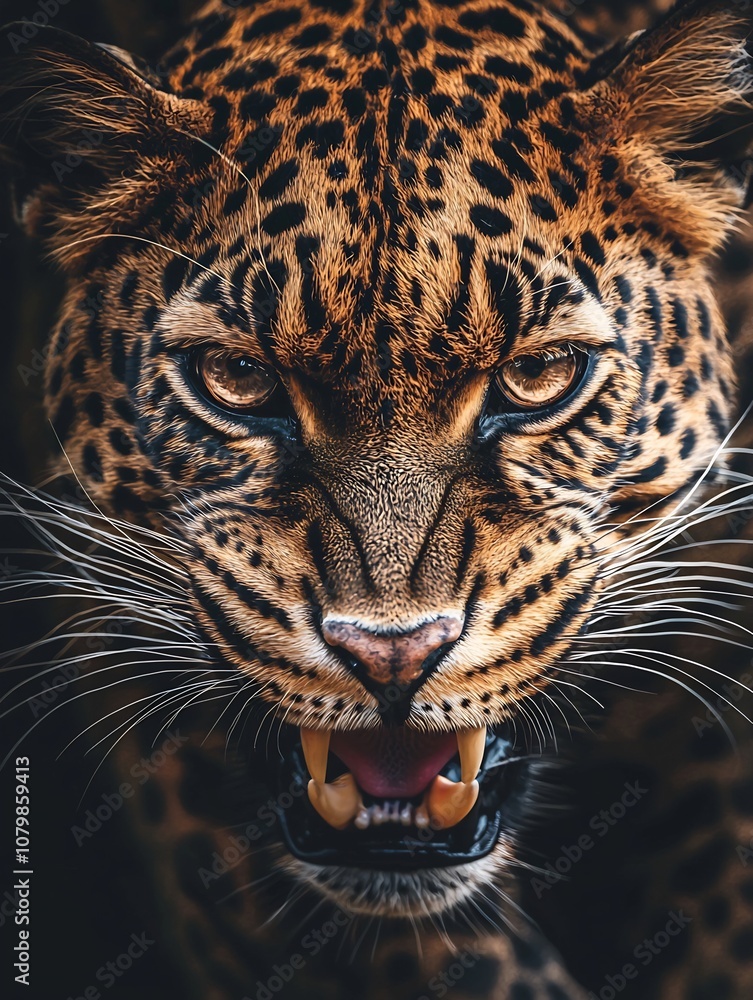 Obraz premium Fierce Leopard Growling with Intense Unblinking Eyes and Detailed Whiskers and Spots