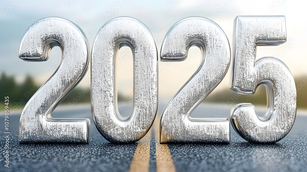 Shiny metallic numbers representing the year 2025 Shiny metallic numbers representing the year 2025