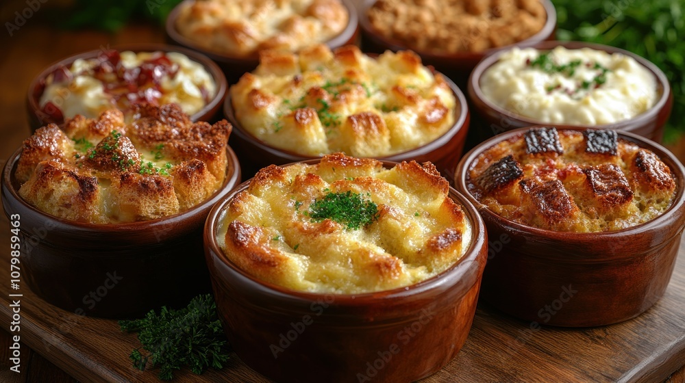 A variety of baked dishes in rustic bowls, showcasing comfort food. A variety of baked dishes in rustic bowls, showcasing comfort food.