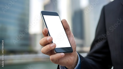 Close-up of a businessman's hand holding a smartphone, the white screen is blank, and the background is blurred. Mockup.