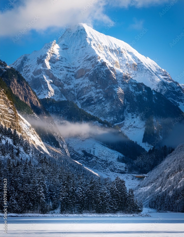 Snow-Covered Mountains and Frozen Lakes in a Serene Winter Landscape ...