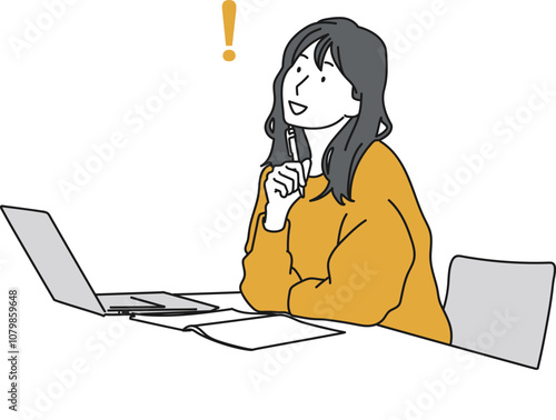 ノートパソコンの前で閃いた表情をする女性のシンプルイラスト