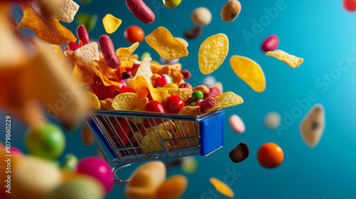 Assorted snacks and chips cascading into a shopping cart, creating a colorful scene