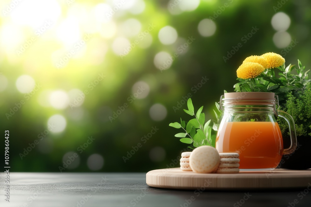 Glass Jar of Orange Juice with Macarons on Wooden Board Against Green Bokeh Background. Glass Jar of Orange Juice with Macarons on Wooden Board Against Green Bokeh Background.