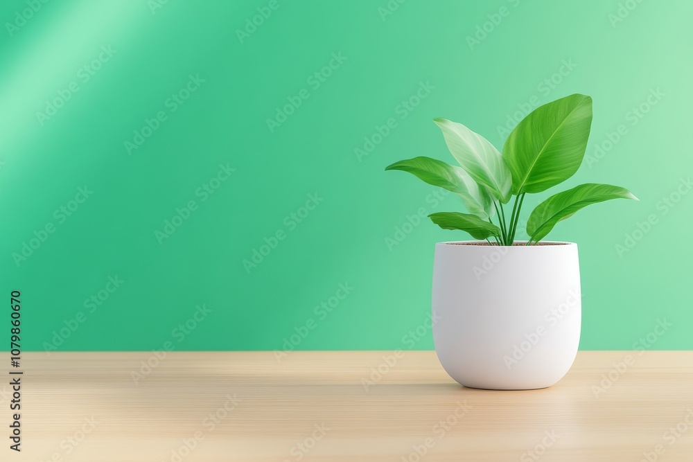 Green Plant in White Pot on Wooden Table with Green Background. Green Plant in White Pot on Wooden Table with Green Background.
