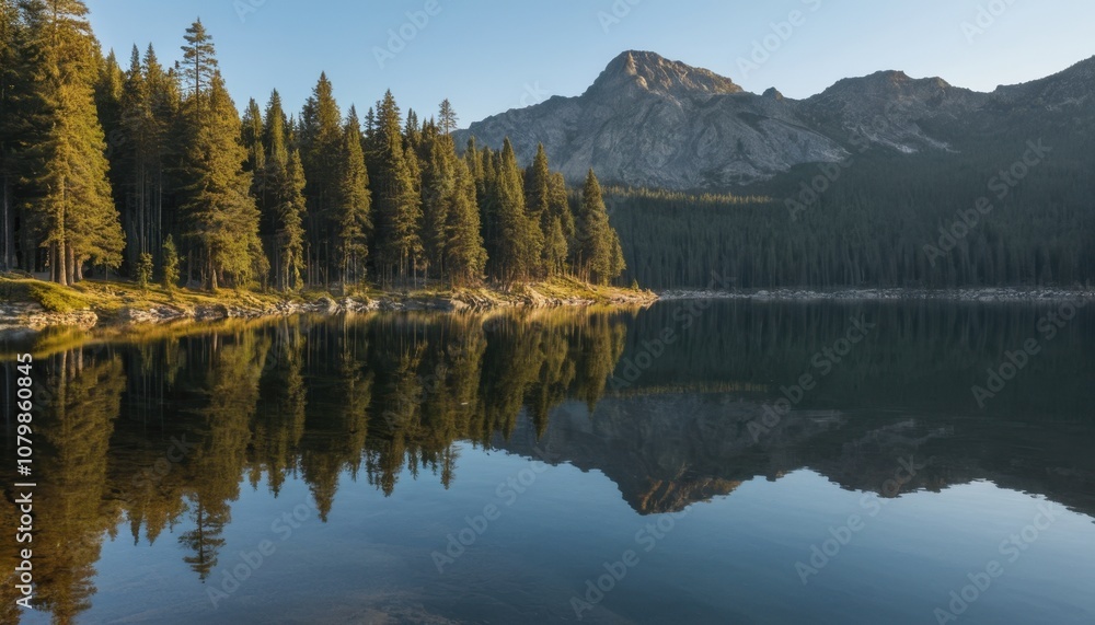 crystal-clear lake surrounded by pine trees, reflection of mountains, early morning light, tranquil scene crystal-clear lake surrounded by pine trees, reflection of mountains, early morning light, tranquil scene