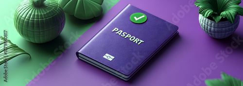 3D icon of a passport with a checkmark, symbolizing successful travel approval or entry, on a minimalistic violet background.
 photo