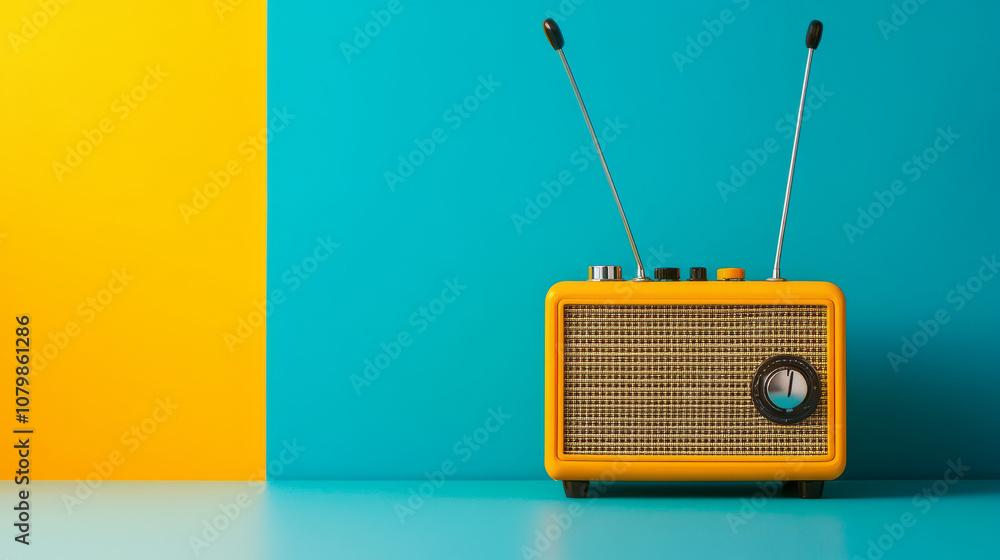 Obraz premium Bright yellow amplifier placed on a vibrant blue and white background, minimalist design with a pop-art feel