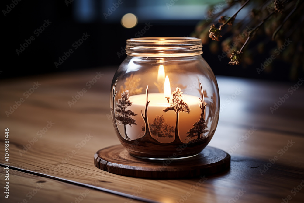Burning Candle in Glass Jar with Forest Design on Wooden Table Burning Candle in Glass Jar with Forest Design on Wooden Table