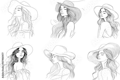 Stylized Sketches of Women Wearing Hats in a Creative Fashion Illustration Collection