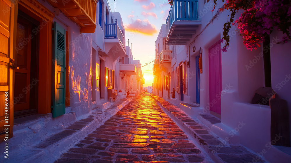Fototapeta premium Captivating sunset over the iconic cobblestone streets of Mykonos, highlighting the beauty of Greek architecture and coastal charm