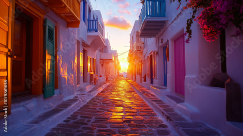 Fototapeta Naklejka Na Ścianę i Meble -  Captivating sunset over the iconic cobblestone streets of Mykonos, highlighting the beauty of Greek architecture and coastal charm