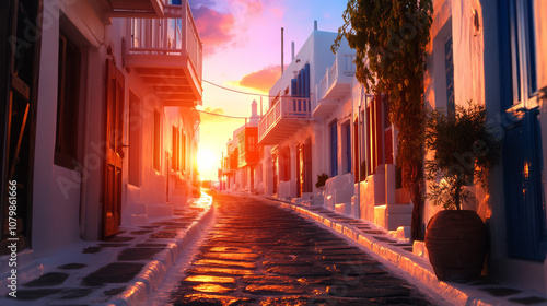Fototapeta Naklejka Na Ścianę i Meble -  Captivating sunset over the iconic cobblestone streets of Mykonos, highlighting the beauty of Greek architecture and coastal charm