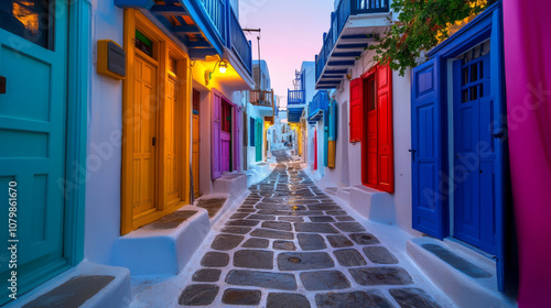 Fototapeta Naklejka Na Ścianę i Meble -  Captivating sunset over the iconic cobblestone streets of Mykonos, highlighting the beauty of Greek architecture and coastal charm