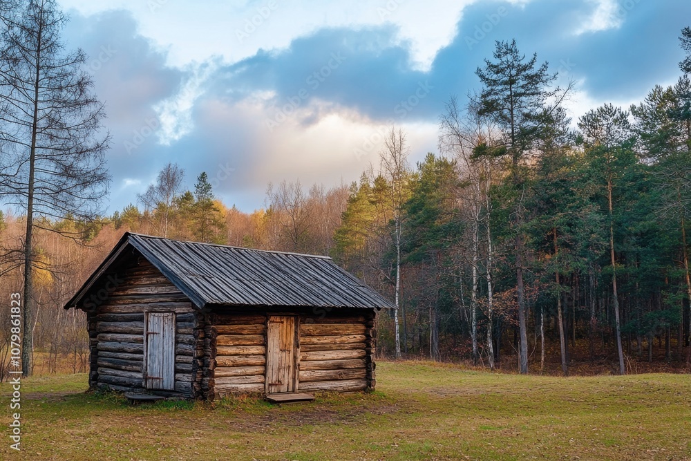 A rustic wooden cabin stands alone in a grassy clearing surrounded by a dense forest. A rustic wooden cabin stands alone in a grassy clearing surrounded by a dense forest.
