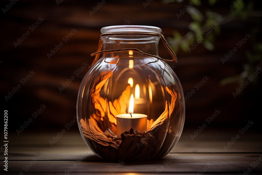 Glass Jar Candle Holder with Wooden Interior on Wooden Table Glass Jar Candle Holder with Wooden Interior on Wooden Table