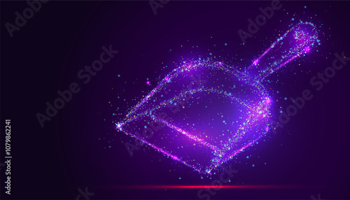 Silhouette of a dustpan made of glowing, multicolored dots, resembling stars. The vibrant particles form its simple shape, symbolizing cleanliness, order, and the tools of daily life.
