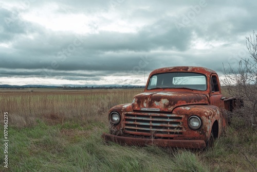 A rusty red pickup truck sits abandoned in a field.