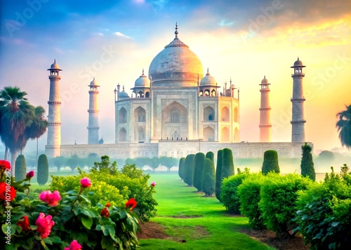 AI-generated Taj Mahal, misty Char Bagh, India. photo