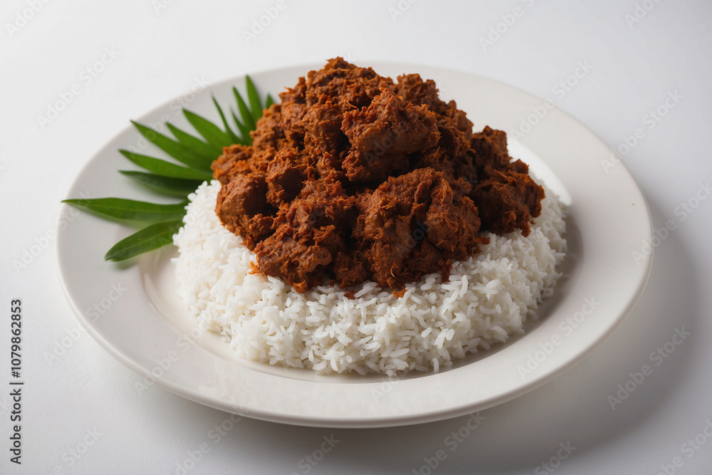 Single portion of rendang, isolated on a pure white background, rich and realistic texture Single portion of rendang, isolated on a pure white background, rich and realistic texture