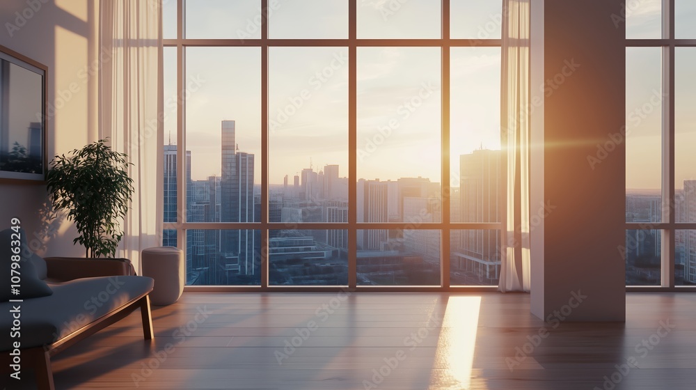 Fototapeta premium Interior view of an empty room in a skyscraper, showcasing the cityscape during the day. The skyline view from a high-rise window offers a gorgeous property with a stunning view.