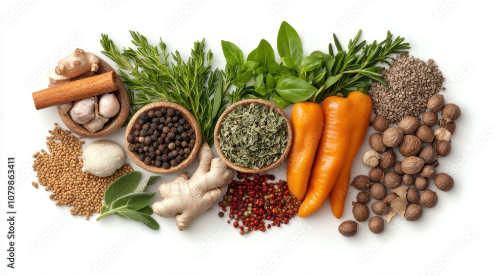 Fresh herbs and spices arranged beautifully, featuring ginger, garlic, carrots, and various seeds, creating vibrant and colorful display of natural ingredients Fresh herbs and spices arranged beautifully, featuring ginger, garlic, carrots, and various seeds, creating vibrant and colorful display of natural ingredients