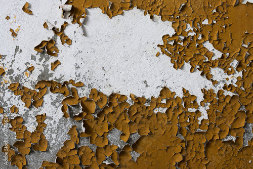Brown peeling paint on the wall. Old concrete wall with cracked flaking paint. Weathered rough painted surface with patterns of cracks and peeling. High resolution texture for background and design.